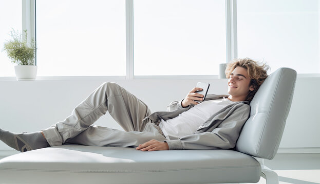 Relaxed young man lying on a sofa with a mobile phone