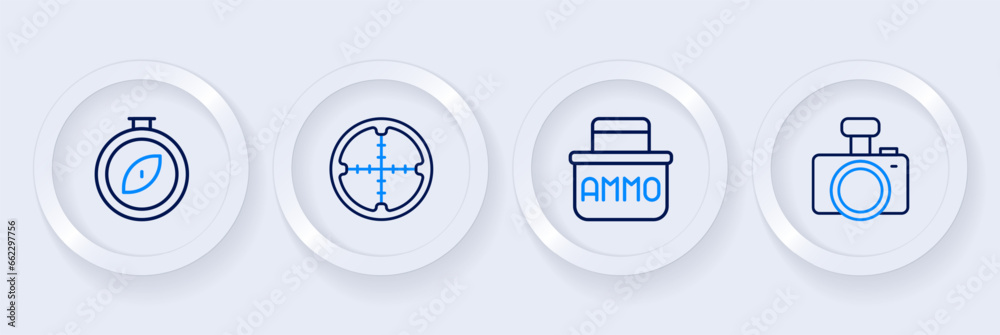 Sticker Set line Photo camera, Ammunition box, Sniper optical sight and Compass icon. Vector