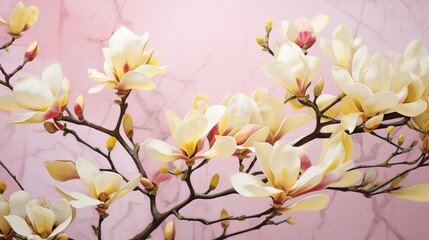  a close up of a branch with flowers on a pink background.  generative ai