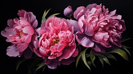  a group of pink peonies on a black background.  generative ai