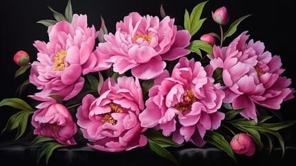  a painting of pink flowers with green leaves on a black background.  generative ai