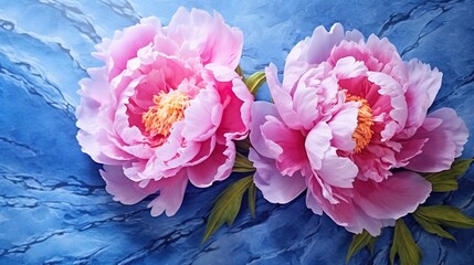  two large pink flowers on a blue background with leaves and stems.  generative ai - obrazy, fototapety, plakaty