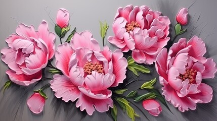  a painting of pink flowers on a gray background with green leaves.  generative ai