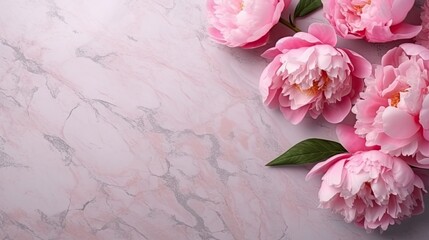  pink peonies on a marble background with green leaves.  generative ai