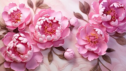  a group of pink flowers with leaves on a pink background.  generative ai