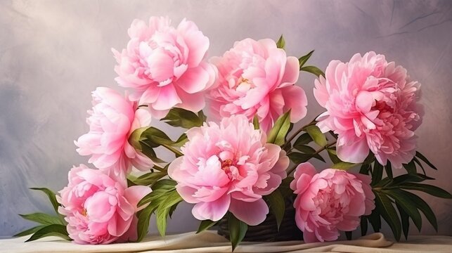  a painting of pink peonies on a white cloth.  generative ai