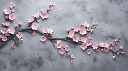 a branch with pink flowers on a gray background with a gray background.  generative ai