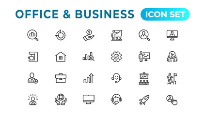 Business and Finance web icons in line style. Money, bank, contact, infographic. Icon collection. Vector illustration.