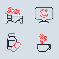 Set line Moon and stars, Sleeping pill, Chamomile tea and Time to sleep icon. Vector