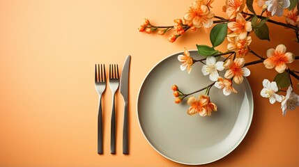  a plate with a fork, knife and a flower on it. generative ai
