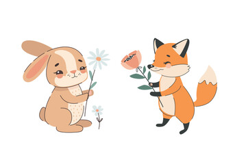 Cute cartoon characters fox and hare with flowers. Vector illustration on a white background.