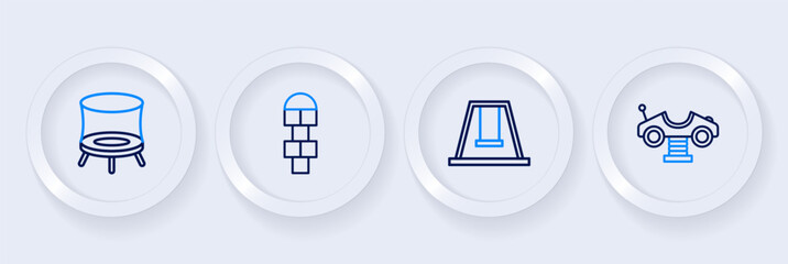 Set line Swing car, for kids, Hopscotch and Jumping trampoline icon. Vector