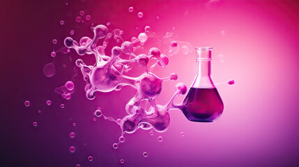  a purple and red liquid is in a glass bottle and a pink and purple background.  generative ai