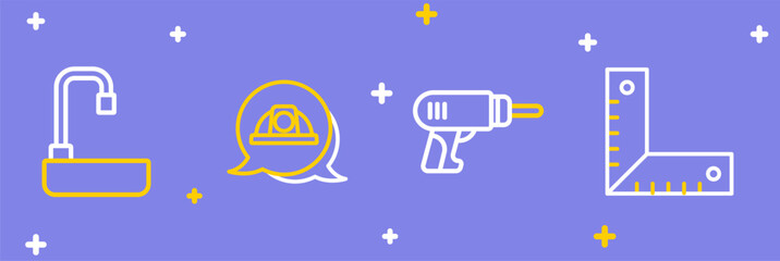 Set line Corner ruler, Electric drill machine, Worker safety helmet and Washbasin icon. Vector