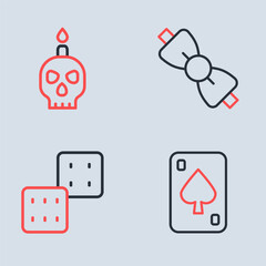 Set line Bow tie, Game dice, Playing cards and Burning candle on skull icon. Vector