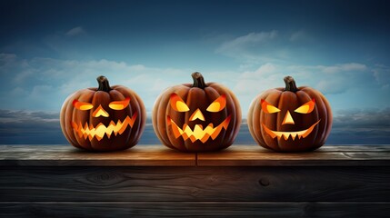  three carved jack o lantern pumpkins on a wooden surface.  generative ai