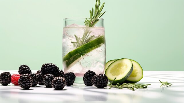  a glass filled with ice, cucumber and blackberries.  generative ai