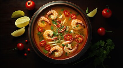  a bowl of soup with shrimp, tomatoes, and lime.  generative ai