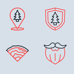 Set line Shield with tree, Wooden beam, Mustache and beard and Location of the forest icon. Vector
