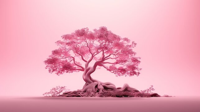  a pink tree is shown in the middle of a pink background.  generative ai