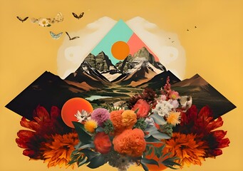 Picturesque mountain landscape, background illustration in collage style