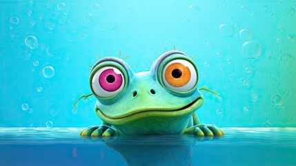  a green frog with big eyes sitting in the water with bubbles.  generative ai - obrazy, fototapety, plakaty