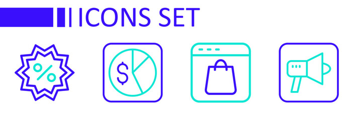 Set line Megaphone, Online shopping screen, Market analysis and Discount percent tag icon. Vector