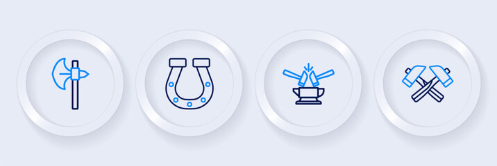 Set line Crossed hammer, Anvil and, Horseshoe and Medieval axe icon. Vector