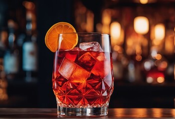 a glass of cold red cocktail on a bar counter in the bar. the concept of a alcoholic beverage in the bar.a glass of cold red cocktail on a bar counter in the bar. the concept of a alcoholic beverage i