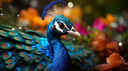Portrait of beautiful peacock wth feathers out UHD wallpaper Stock Photographic Image - obrazy, fototapety, plakaty