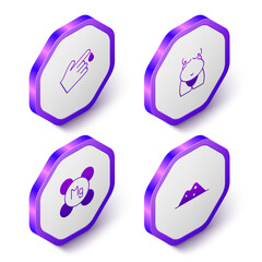 Set Isometric Finger blood, Obesity, Magnesium and Salt icon. Purple hexagon button. Vector