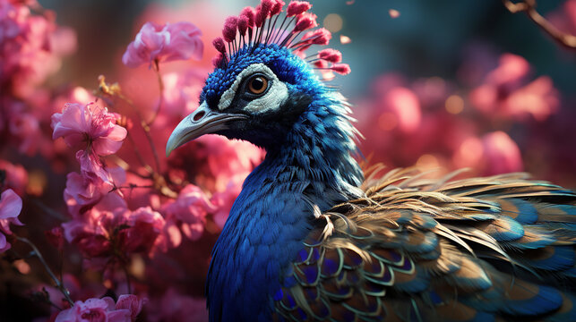 Portrait of beautiful peacock wth feathers out UHD wallpaper Stock Photographic Image