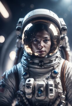 woman in astronaut helmet in outer space, space exploration woman in astronaut helmet in outer space, space exploration astronaut woman wearing helmet and suit in space, astronaut in space. mixed medi