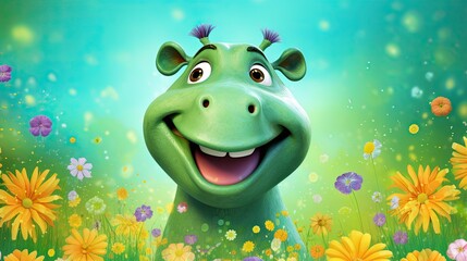  a cartoon hippo is smiling in a field of flowers.  generative ai