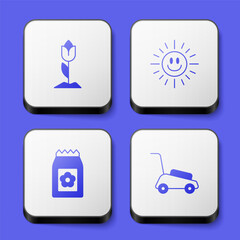 Set Flower tulip, Sun, Pack full of seeds and Lawn mower icon. White square button. Vector
