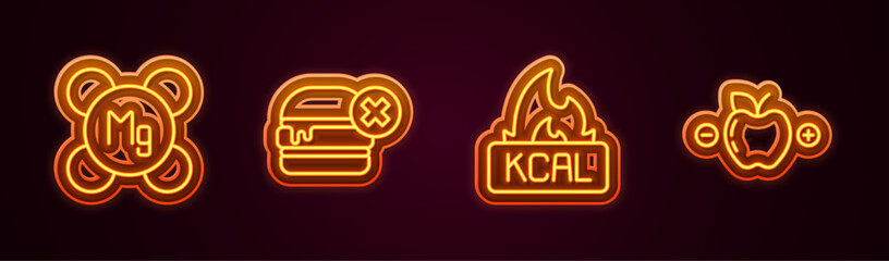 Set line Magnesium, No burger, Kcal and Calorie calculator. Glowing neon icon. Vector