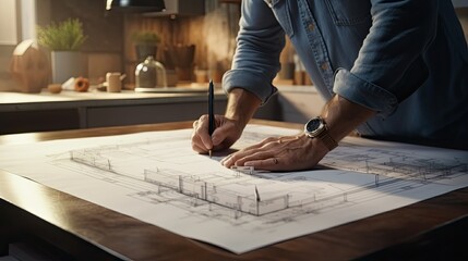 Interior architect designer working with Blue prints and documents for a home renovation.