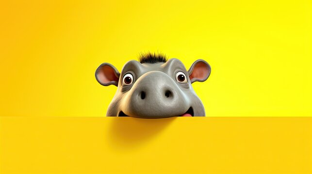  a cartoon hippo peeking over a yellow wall with its tongue out.  generative ai