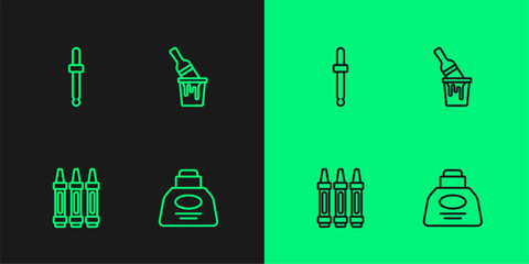 Set line Inkwell, Wax crayons for drawing, Eyedropper color picker palette and Paint bucket with brush icon. Vector