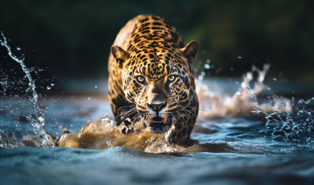 Close-up of a jaguar stalking prey in water