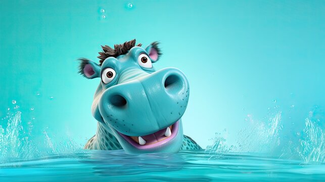  a cartoon hippopotamus swimming in a pool of water.  generative ai