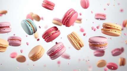  a group of macaroons flying in the air with confetti.  generative ai