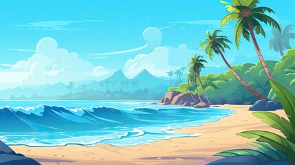 Fototapeta na wymiar a cartoon beach with palm trees and a blue ocean in the background. generative ai