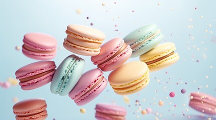  a group of macaroons flying in the air with confetti.  generative ai - obrazy, fototapety, plakaty
