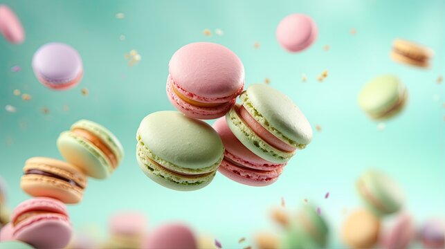  a group of macaroons flying through the air with confetti falling around them.  generative ai