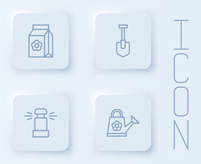 Set line Pack full of seeds, Shovel, Automatic irrigation sprinklers and Watering can. White square button. Vector