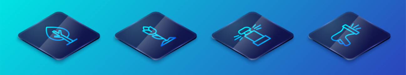 Set Isometric line Automatic irrigation sprinklers, Tree, Garden hose and Flower tulip icon. Vector