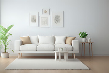 Interior mockup with white sofa, beige pillows and traditional decoration on empty living room wall background. 3D rendering, illustration. Modern living room