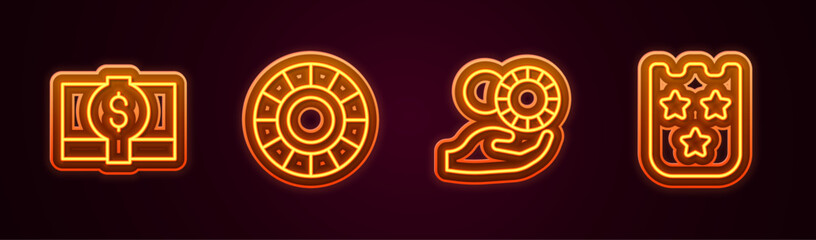 Set line Stacks paper money cash, Casino chips, Hand holding casino and Lottery ticket. Glowing neon icon. Vector