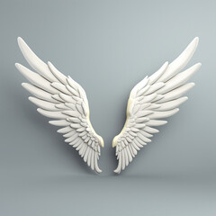 Obraz premium A 3D rendering of angelic white wings against a plain white backdrop. This resource can be used for elements such as objects, text, or 3D character cartoon figures. Generative AI.